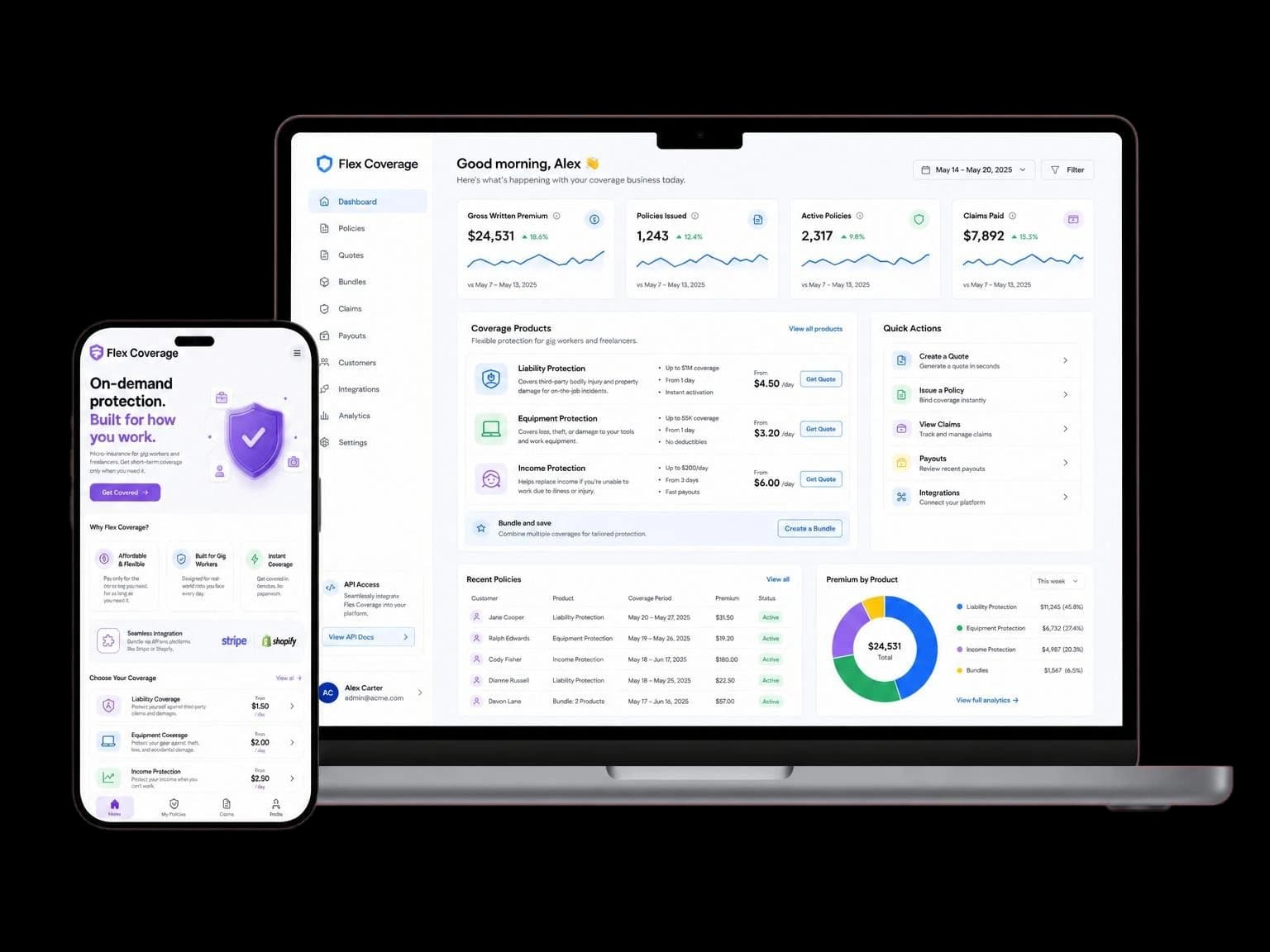 Flex Coverage insurance platform on a laptop and phone, showing gross written premium, policies issued, claims paid and on-demand coverage products.