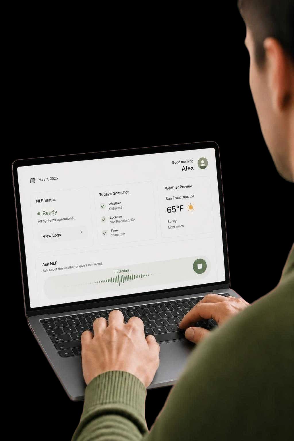 Person typing at a laptop using a natural language interface that listens to a spoken command and returns a weather, location and time snapshot.