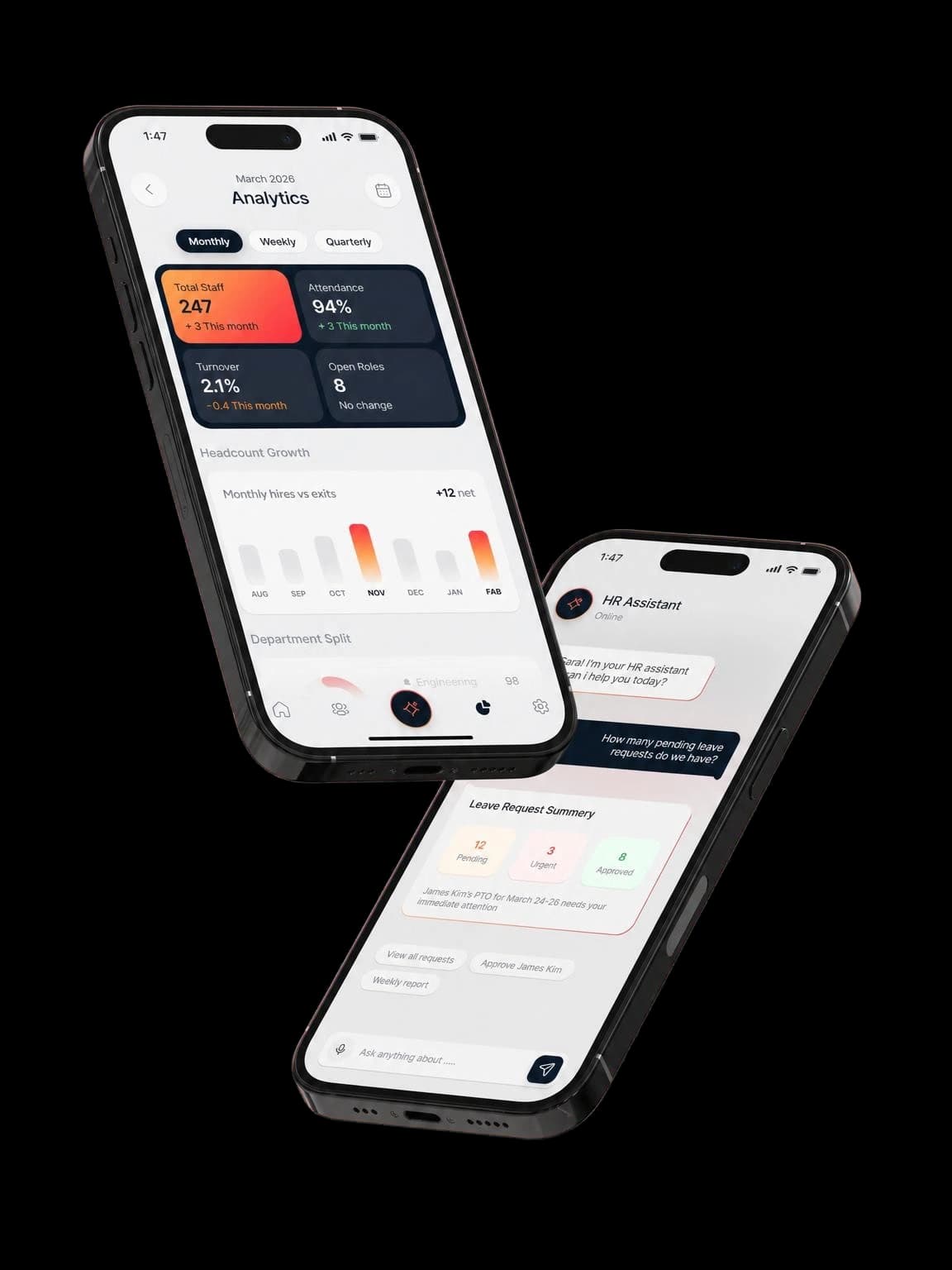 Two floating smartphones showing a workforce analytics dashboard with headcount, attendance and turnover metrics alongside an AI HR assistant handling leave requests.